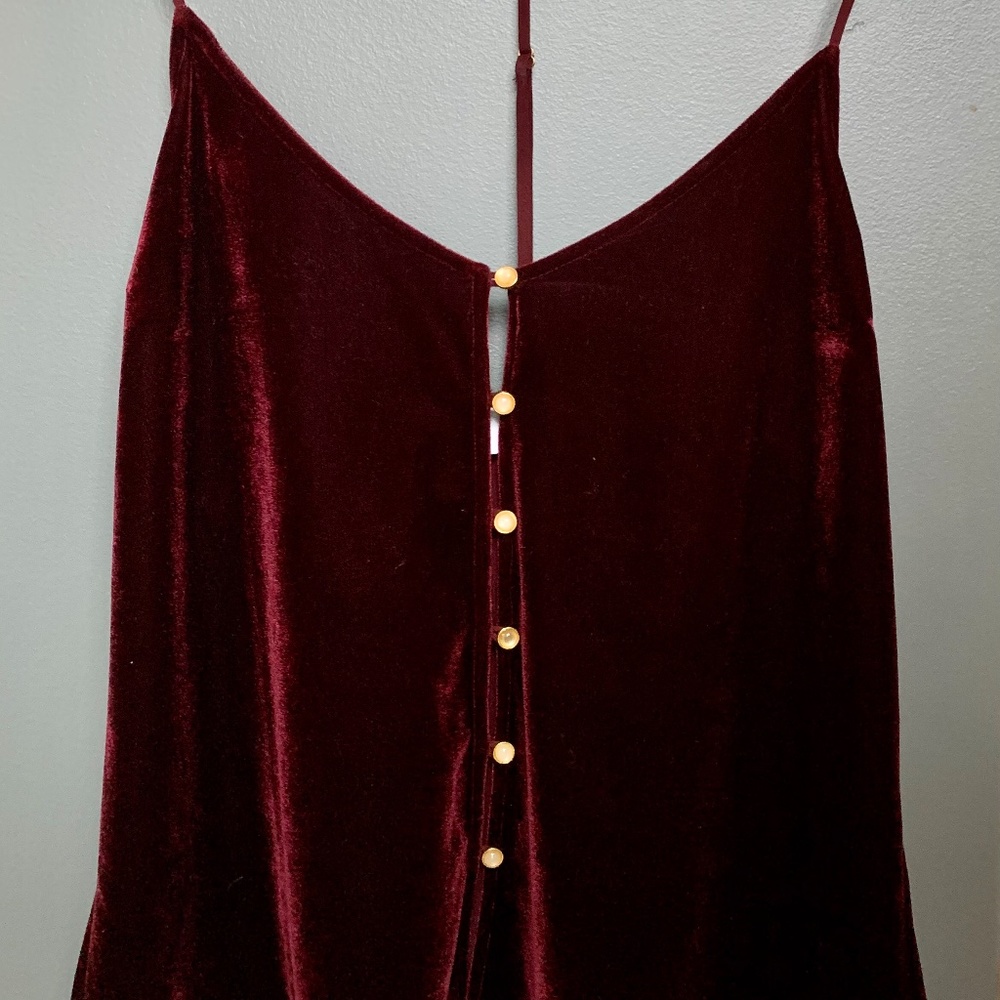 L'Academie Velvet Spaghetti Strap Cami in Deep Burgundy with Gold Buttons